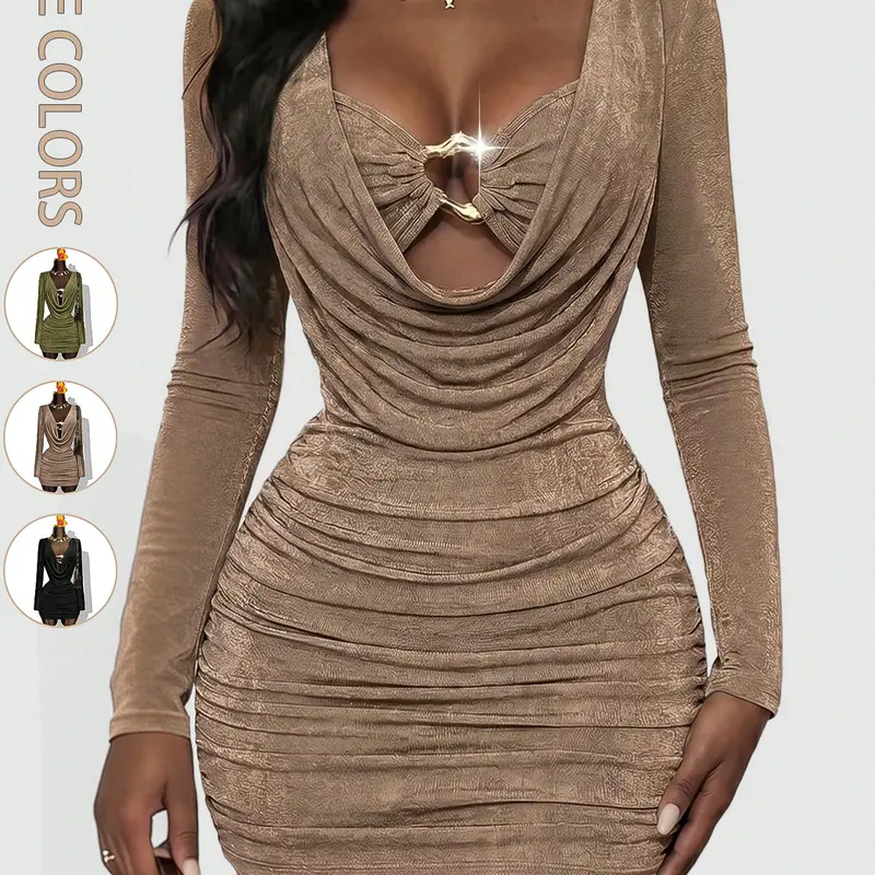 Women's Elegant Ruffled Collar Long Sleeve Dress with Metallic Button Hollow Decor, Simple Elastic Slim Fit , Comfortable Stretch Fabric for Formal Events and Casual Occasions,Birthday Dress,Sexy Nightclub Party Wear, Date Night Dresses