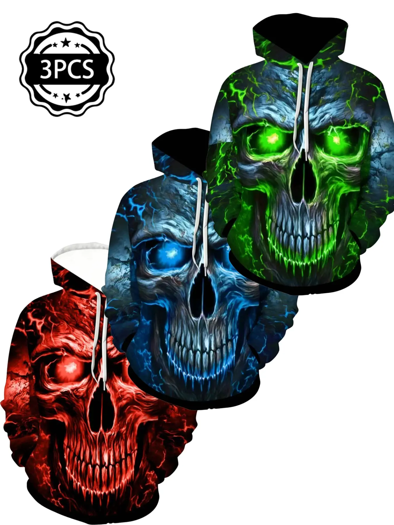 3-Pack Glowing Lightning Skull Hoodie Set for Men, American Dark Punk Style, 3D Print Streetwear, Loose Fit Pullover Sweatshirts, Graphic Hoodie Sweatshirt