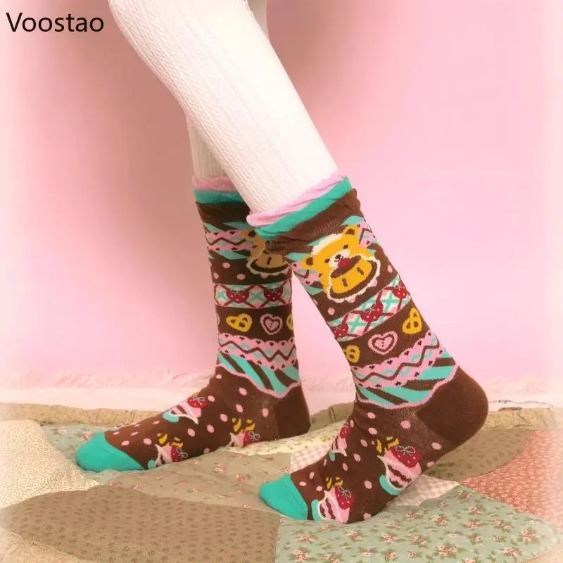 Original Japanese Kawaii Cartoon Cake Bear Pattern Lolita Socks Girls Sweet Y2k Middle Tube Sock Harajuku Creative Cotton Socks