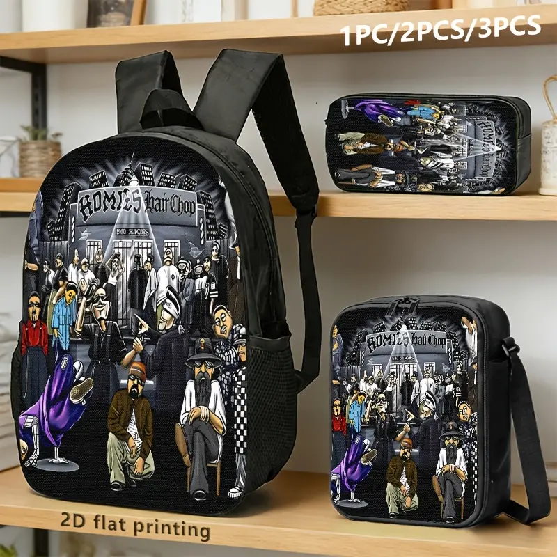 3-Piece Teen Water Resistant Backpack Set, Homies Hair Chop Chicano Lowrider Cartoon Group Black Background Print School Kit Backpack Lunch Bag Pencil Case 600D Oxford Chicano Culture Fans Daily Use