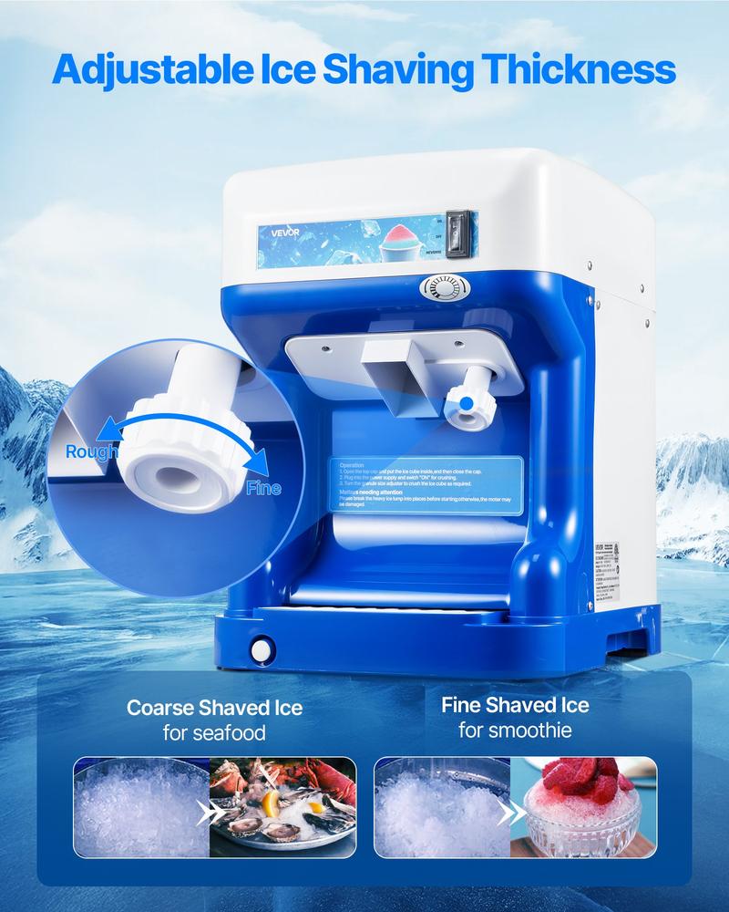 VEVOR Commercial Ice Shaver Crusher, 286lbs Per Hour Electric Snow Cone Maker with 2L Ice Cube Box, 250W 1500RPM Tabletop Shaved Ice Machine for Parties Events Snack Bar, Home and Commercial Use (Blue)