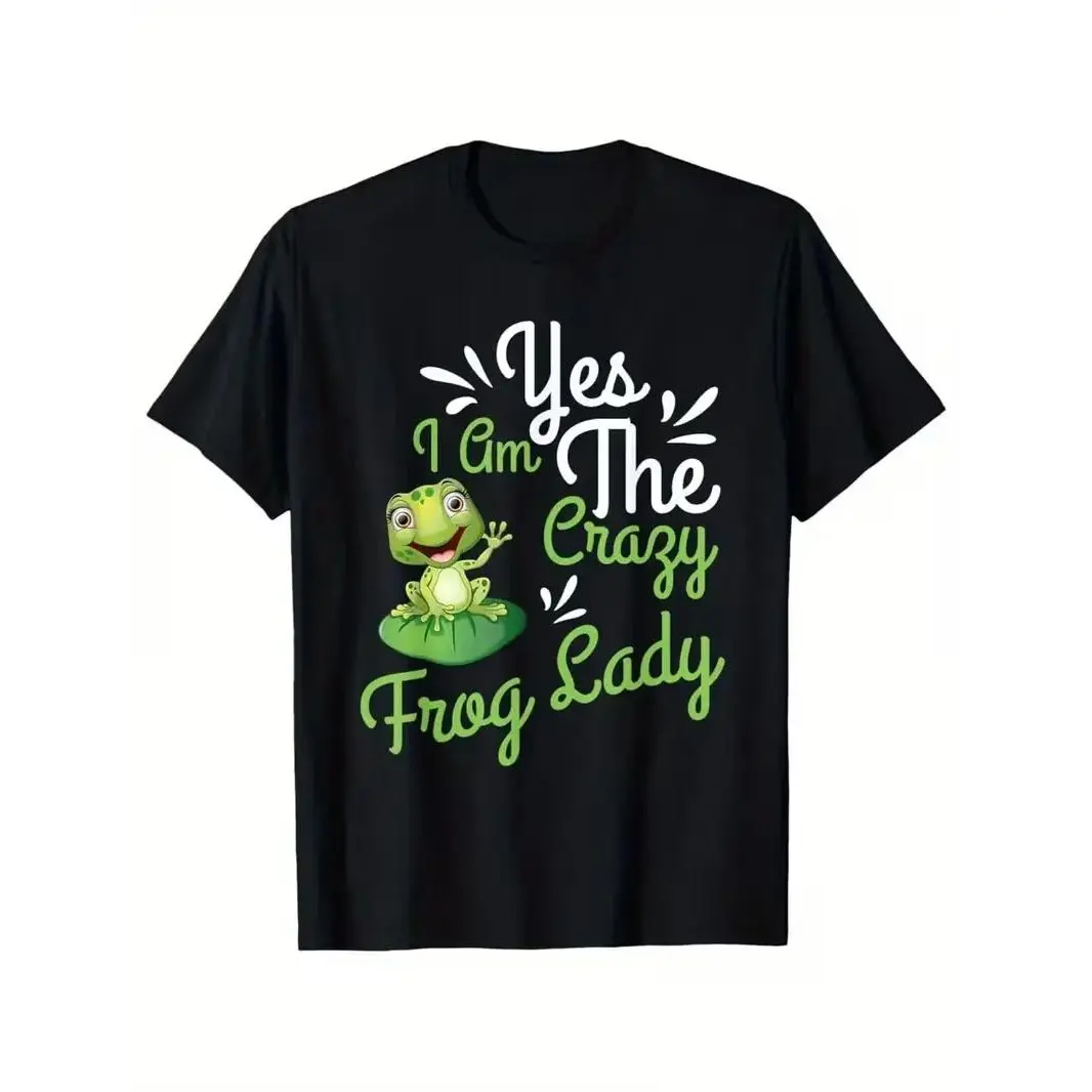 "Yes, I'm a Crazy Frog Lady" Graphic T-Shirt - Soft, vintage style, short sleeves, black with green frog design, casual and comfortable fit, novelty tee, playful design