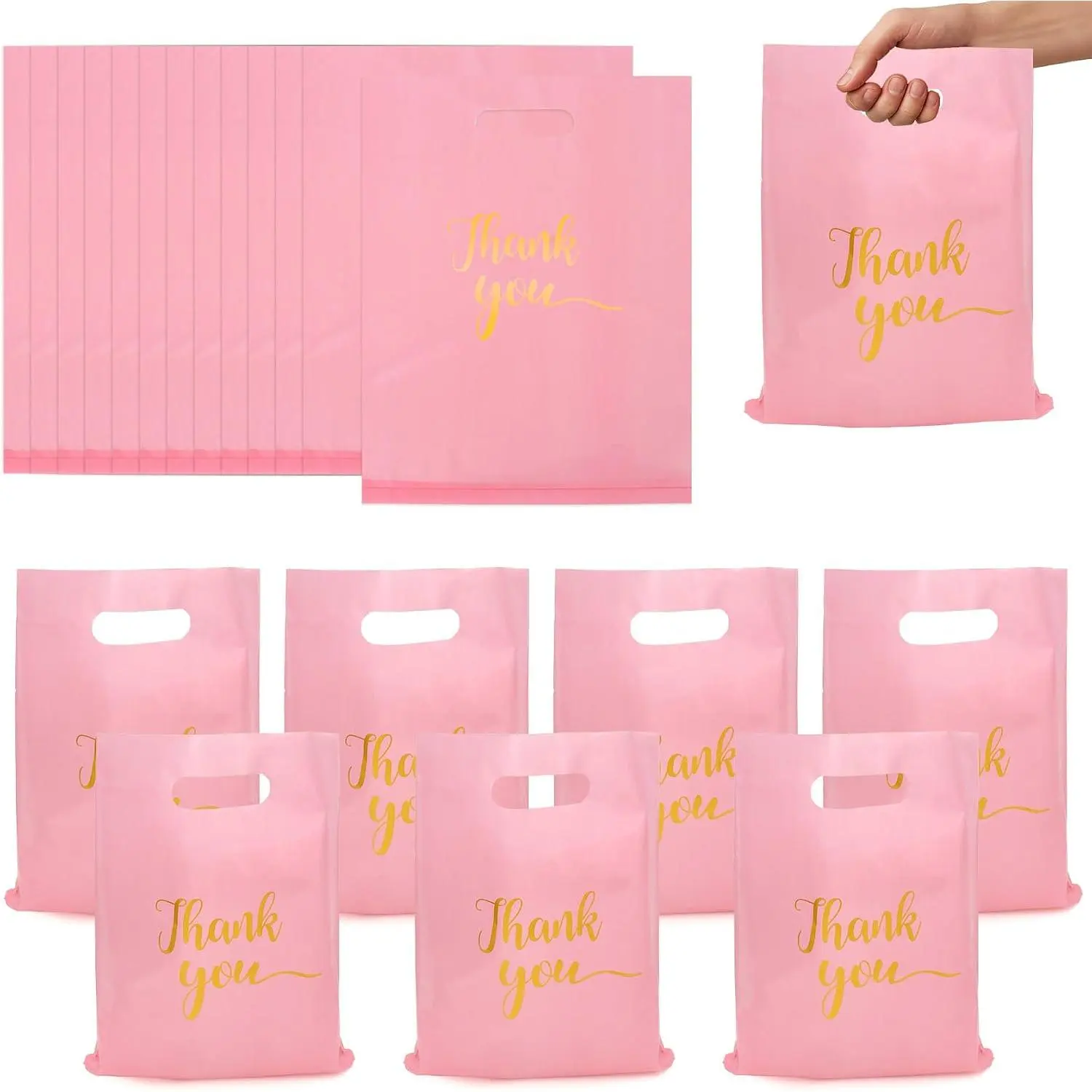 100 Pack Thank You Bags, 9x12 Inch Thank You Merchandise Bags Extra Thick  Plastic Shopping Bag with Handles Goodie Bag for Small Business Retail Boutique Wedding Birthday Party Gifts ()