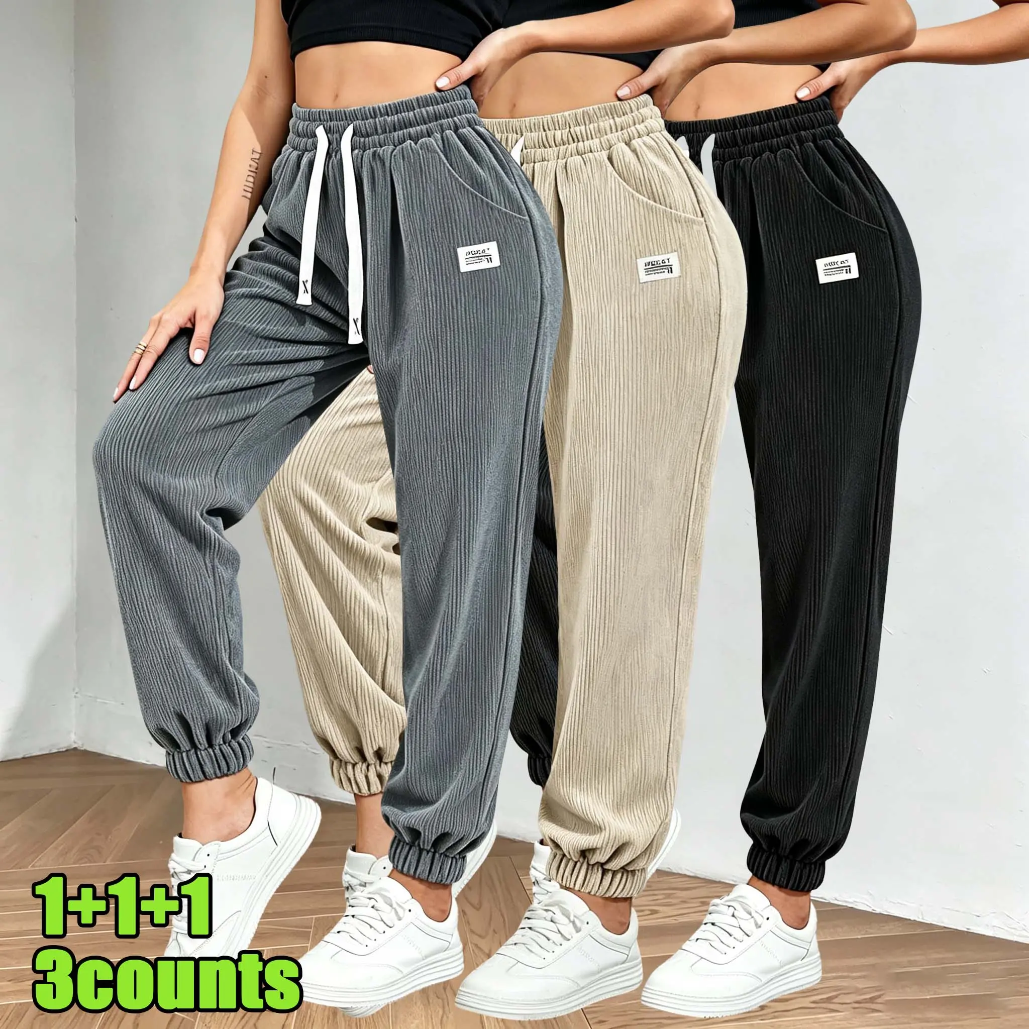 3 Pack Women’s Loose Fit Corduroy Cuffed Jogger Pants | Ultra Soft Breathable Vertical Striped Cord Fabric, Contrast White Drawstring Elastic High Waist, Mini Brand Tag Detail & Convenient Side Pockets, Relax Cuffed Ankle Cut in Beige/Gray/Teal, Perfect f