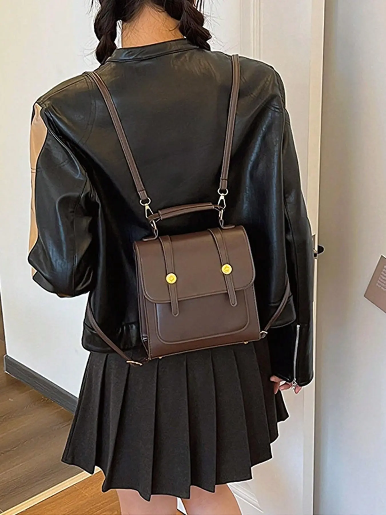 New Mini PU Backpack for Women, Vintage Solid Color Shoulder Bag, Large Capacity Travel Bookbag, Fashion Rivet Design, Multifunctional Commuter Bag