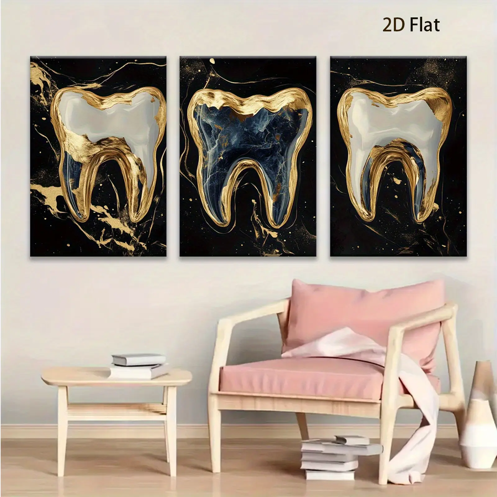 3-piece set of 2D flat dental clinic golden tooth home wall decoration posters, birthday party gifts, love anniversary, Halloween, Christmas, Thanksgiving, autumn harvest, hangable canvas paintings, 2D flat, party decoration, holiday decoration, dentist g