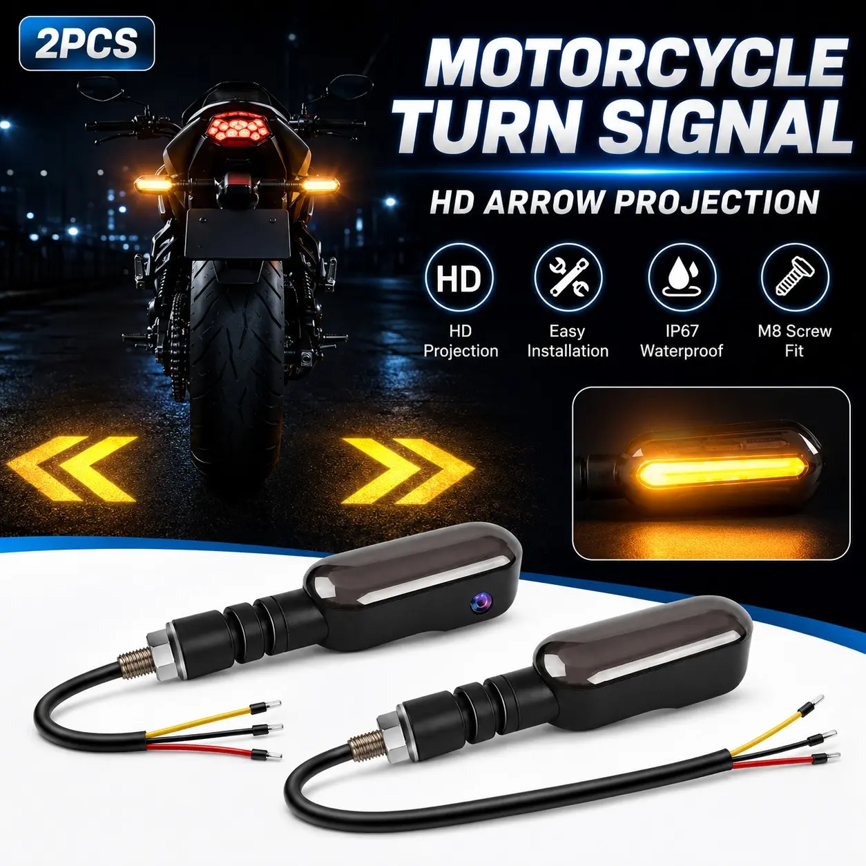 💡2PCS HD Ground Arrow Projection Motorcycle Turn Signals, Unique LED Safety Warning Lights with Dynamic Amber Flow, 27 RGB Modes, Waterproof M8 Mount Blinker Lamps for Custom Motorcycles & Electric Bikes
