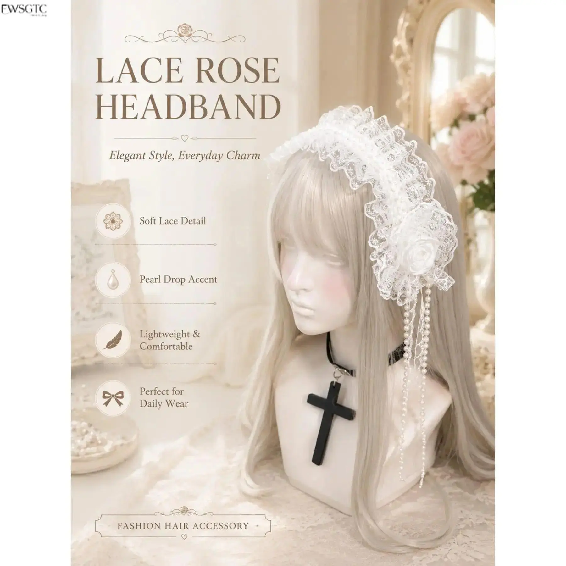 Gothic Lolita Lace Rose Headband With Pearl Pendant, Vintage Soft Stretch Elastic Non‑Slip Hair Band, Decorative Goth Hair Accessory Perfect For Halloween Cosplay, Themed Gatherings And Gothic‑Style Lolita Costume Outfit Styling