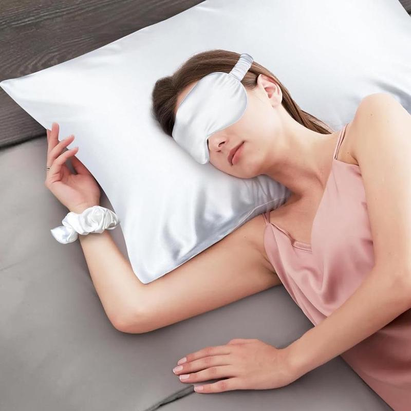 Satin Soft Sleep Set, Including 2pcs Silky Pillowcases, 1pc Breathable Hair Bonnet, 1pc Adjustable Weighted Sleep Eye Mask and 1pc Hair Scrunchie, Simple and Comfortable Bedding Sleep Aid Set, Sleeping Eye Mask