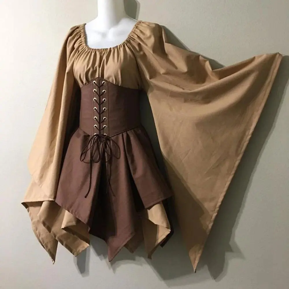 Women's Vintage Medieval Fairy Lace-Up Gown - Paneled Criss-Cross Front, Sleeve Accessories, Polyester-Blend Linen-Acrylic Fabric, Historical Period Halloween Costume