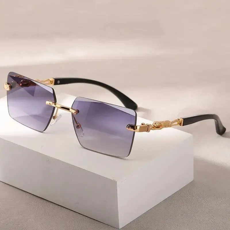 Modern Trendy Luxury Leopard Decor Rimless Rectangle Sunglasses, Gold Metal Frameless Gradient Lens Shades, UV400 Anti Glare Lightweight Eyewear,Polished Alloy Temple Vintage Hip Hop Streetwear Accessory For Driving Beach Travel Daily Outdoor Styling