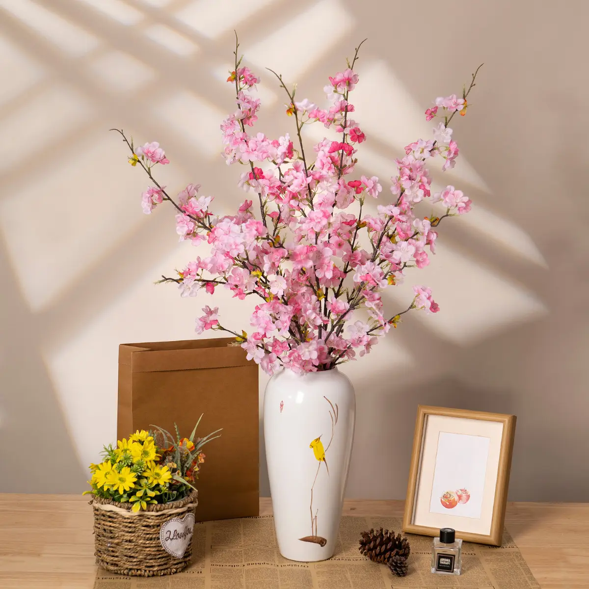 5Pcs Cherry Blossom Branches Artificial Flowers for Spring Summer Indoor Decoration,Faux Long Stem Artificial Flowers for Wedding Home Office Bedroom Party Table Centerpieces Decor, Artificial Plants, UV-resistant
