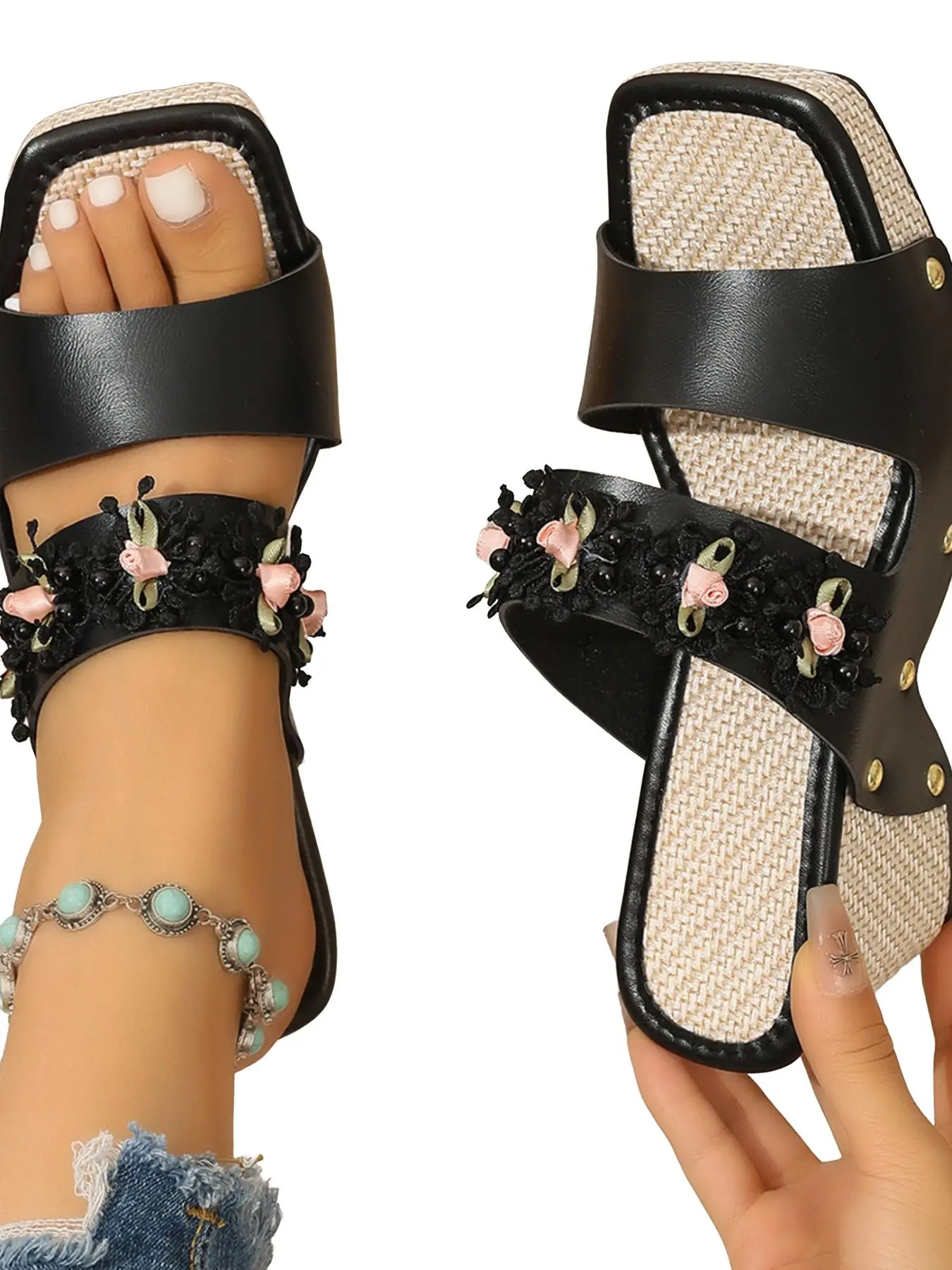 Elegant Lace Flower Sandals, Height-Boosting Thick Sole Anti-Slip Slippers, Perfect for Beach Trips and Daily Wear, Women's Versatile Shoes