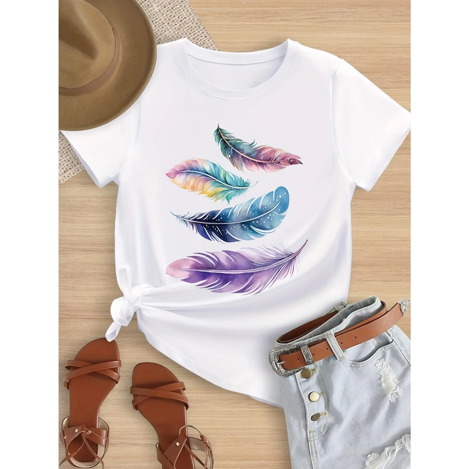 Girls' Soft Cotton Round Neck Short-Sleeve Summer Blouse - All-Over Colorful Feather Print, Casual Elastic Tee for 6-7y/8-9y/10-11y/7-14y, Outdoor Activities