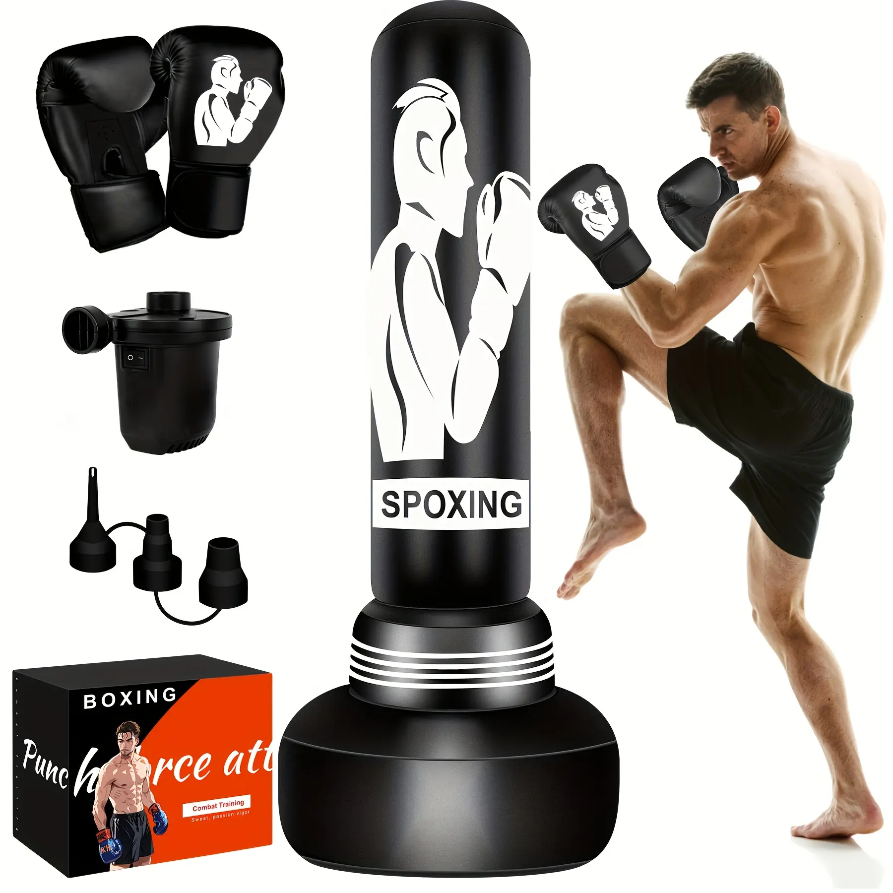 Heavy Punching Bag with Stand for Adults, 70" Freestanding Punching Bag with Boxing Gloves And Electric Air Pump, Inflatable Boxing Bag for Men Women Teens Training MMA Thai Fitness