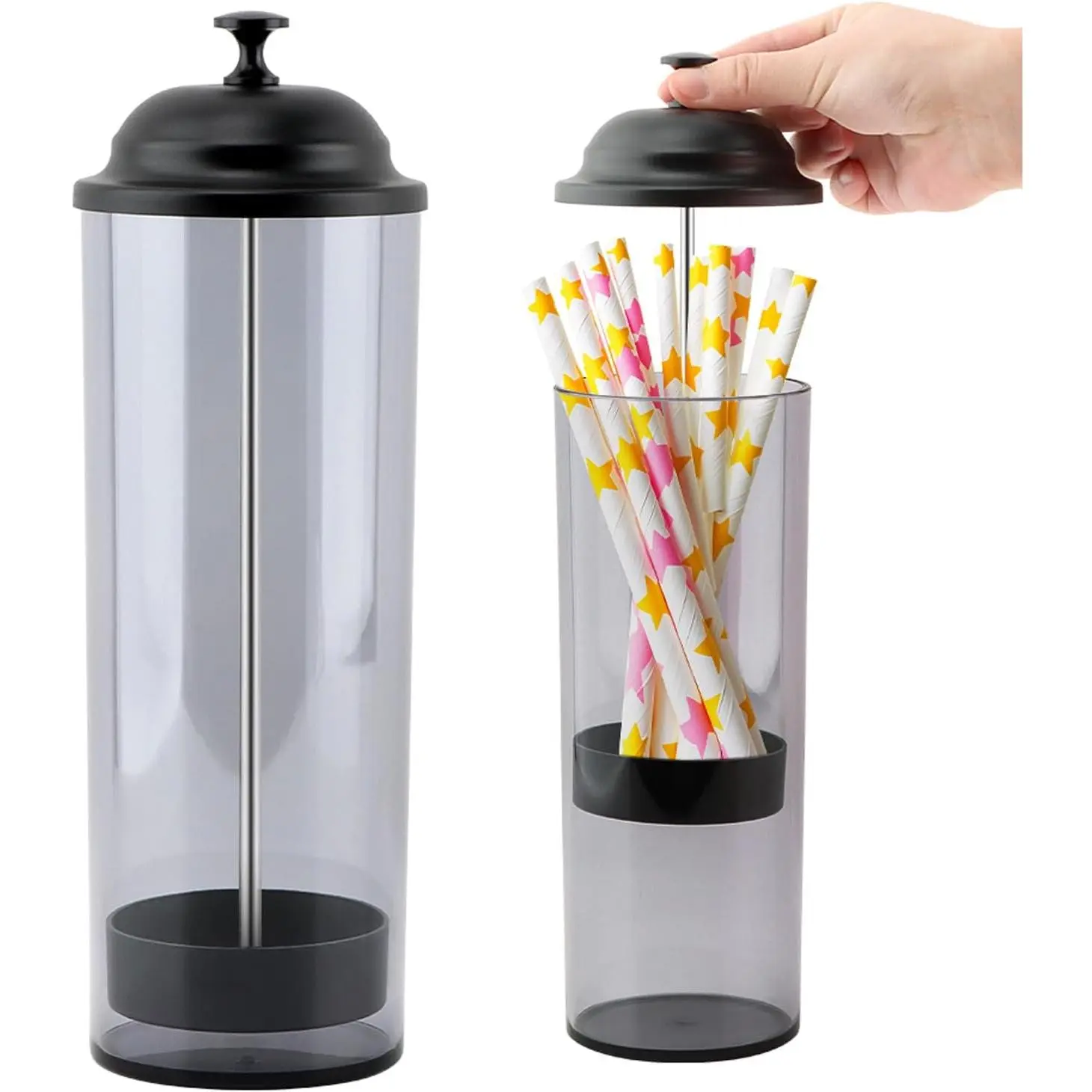 Straw Holder Dispenser with Lid for Counter, Grey Drinking Straw Storage for Kitchen Bar Party, Holds Straws up to 8.5 Inches