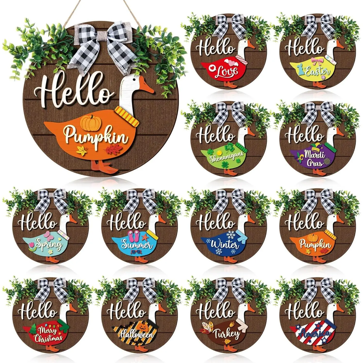 13-Piece Interchangeable Lightweight Wooden Geese Decor Set with Outfits, 11.8 in Christmas Farmhouse Round Wreath for Front Door, Home Wall Decorations, Room Decor, Rust