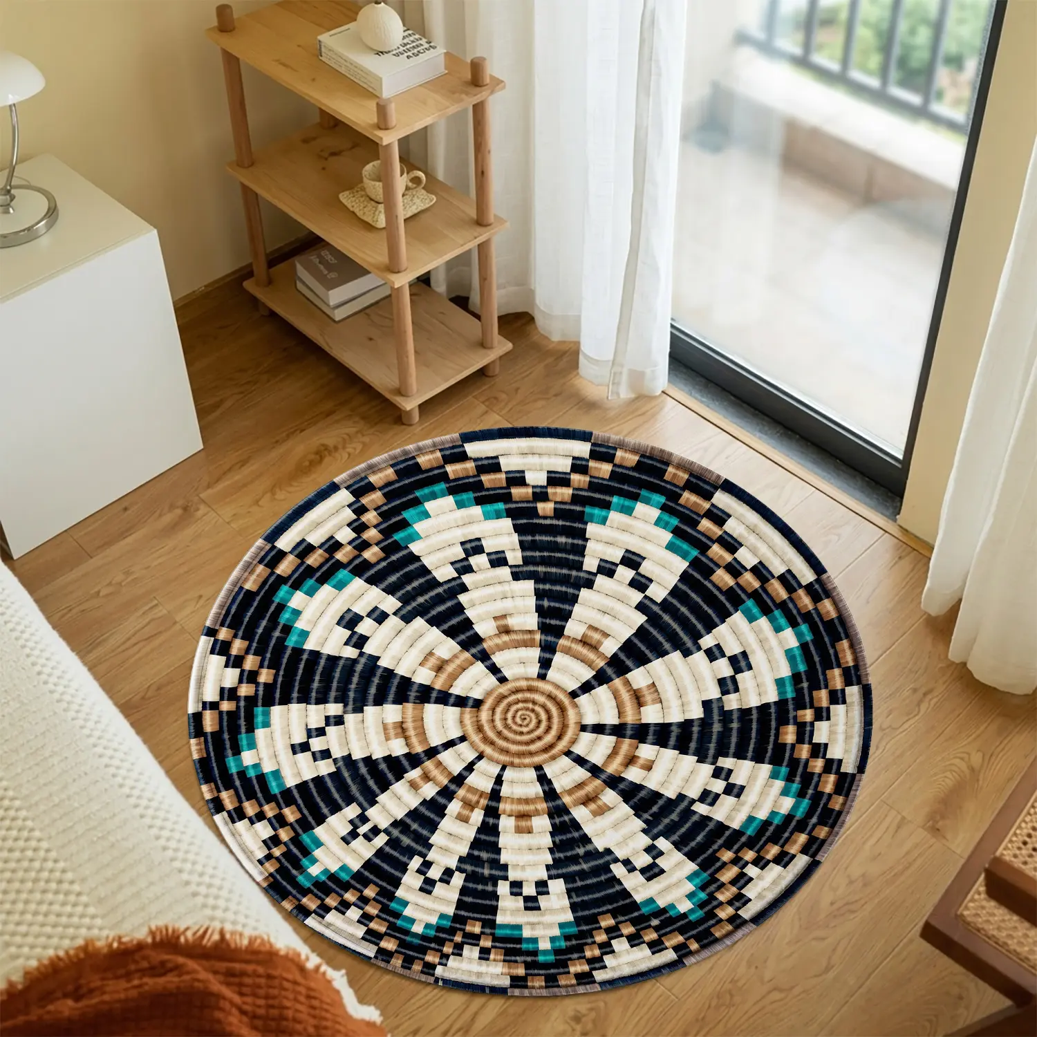 Bohemian Geometric Round Area Rug Aztec Woven Basket Pattern Indoor Floor Mat Anti-Slip Washable Carpet Teal Navy Blue Southwestern Mandala Decor for Living Room Bedroom Entryway Rustic Boho Chic Home Decoration Perfect Housewarming Gift