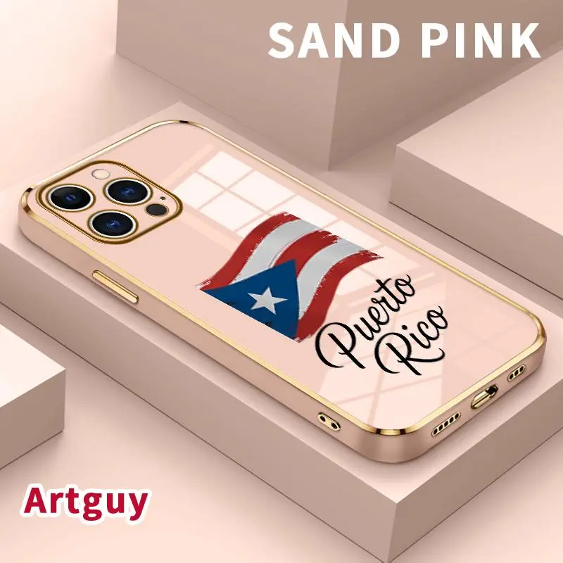 Electroplating Phone Case for iPhone 17 Air 15 Pro Max 16 14 Plus 13 12 11 Puerto Rico Flag Patterned Classic Square Design Non Slip TPU Soft Shell