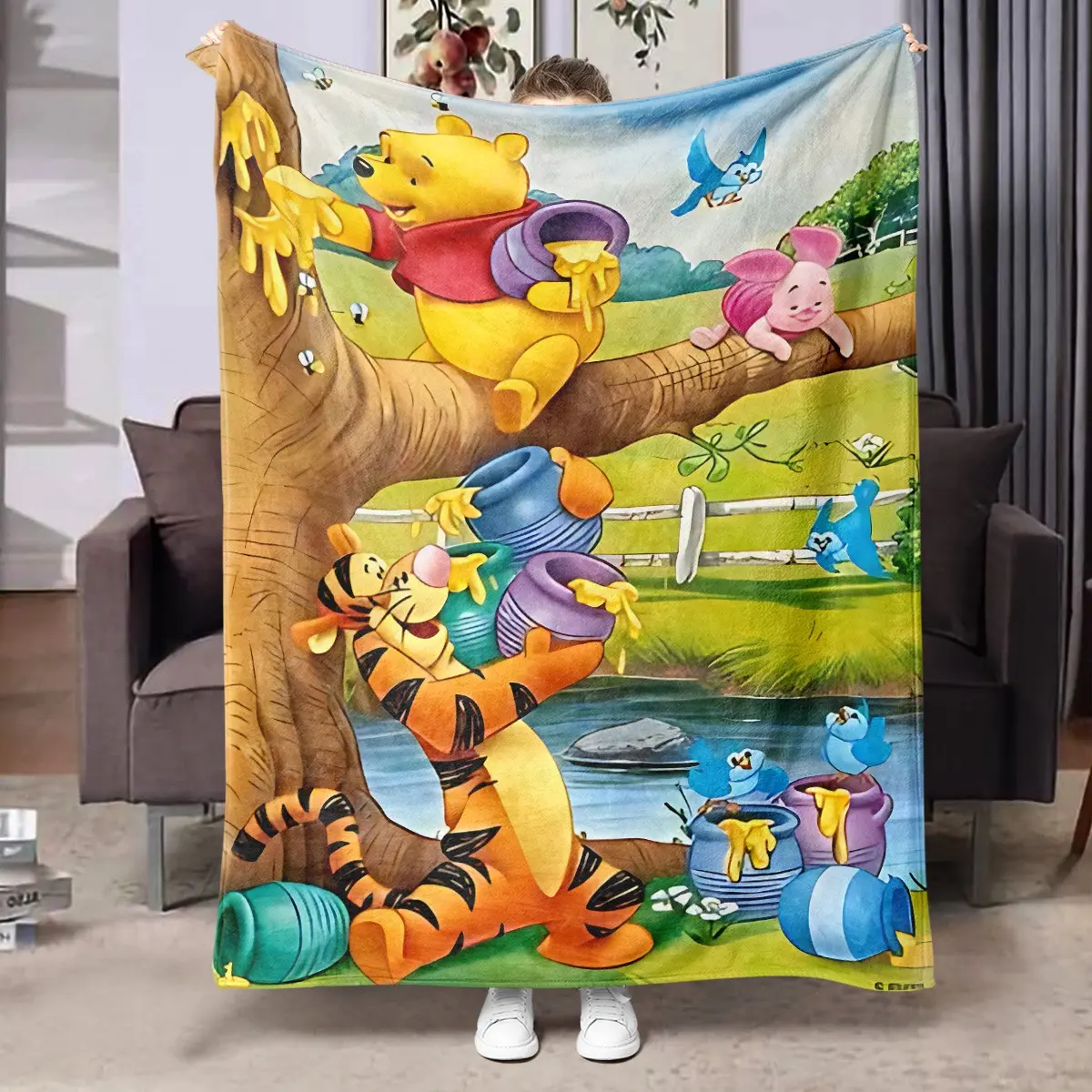 Classic Winnie the Pooh Theme Flannel Blanket, Soft Plush Throw for Bedroom Sofa Bed, Cozy Warm Shoulder Wrap for Living Room