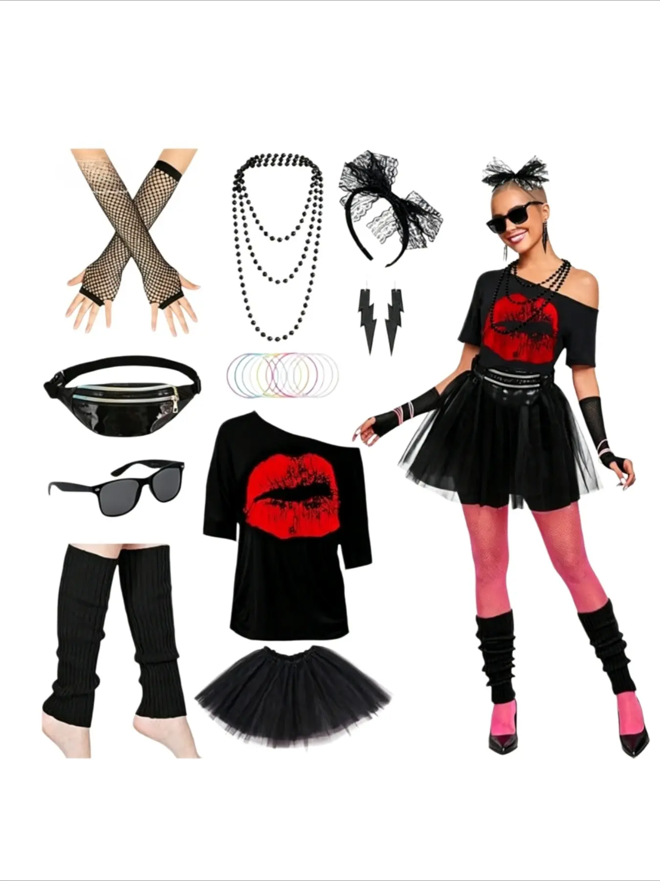 Retro 80s Disco Dance Costume Set Off Shoulder T-shirt and Tutu Skirt Waist Bag Jewelry Set (necklace Bracelet Earrings) and Foot Cover