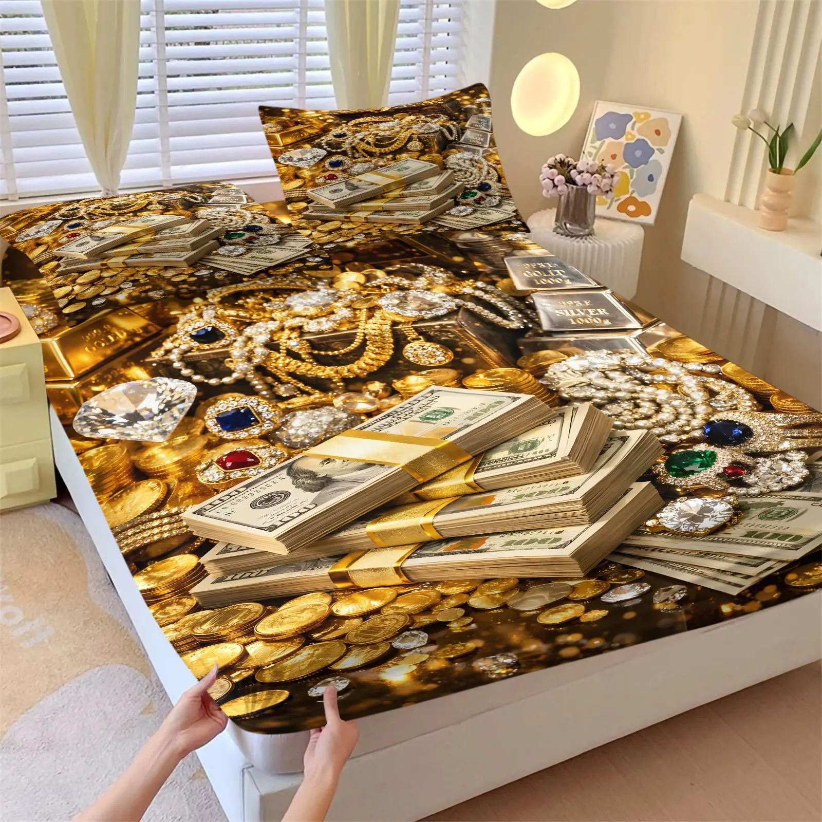 "US Dollar, Gold Bar, and Jewelry "Print Fitted Sheet Set—a premium, luxury bedding set symbolizing boundless wealth; a unique gift for entrepreneurs and those aspiring to prosperity. (3-piece set: includes 1 fitted sheet and 2 pillowcases.)