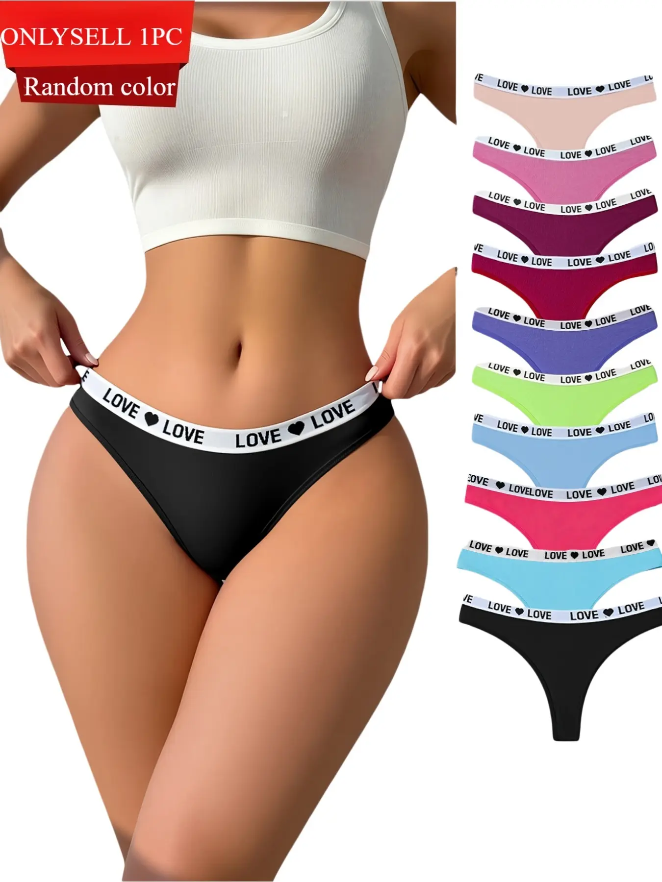 10pcs colors sent randomly, 1 piece. Solid black seamless thong with LOVE letter waistband, autumn and winter women's lingerie panties, sexy, comfortable, soft, breathable and highly elastic Soft fit panty