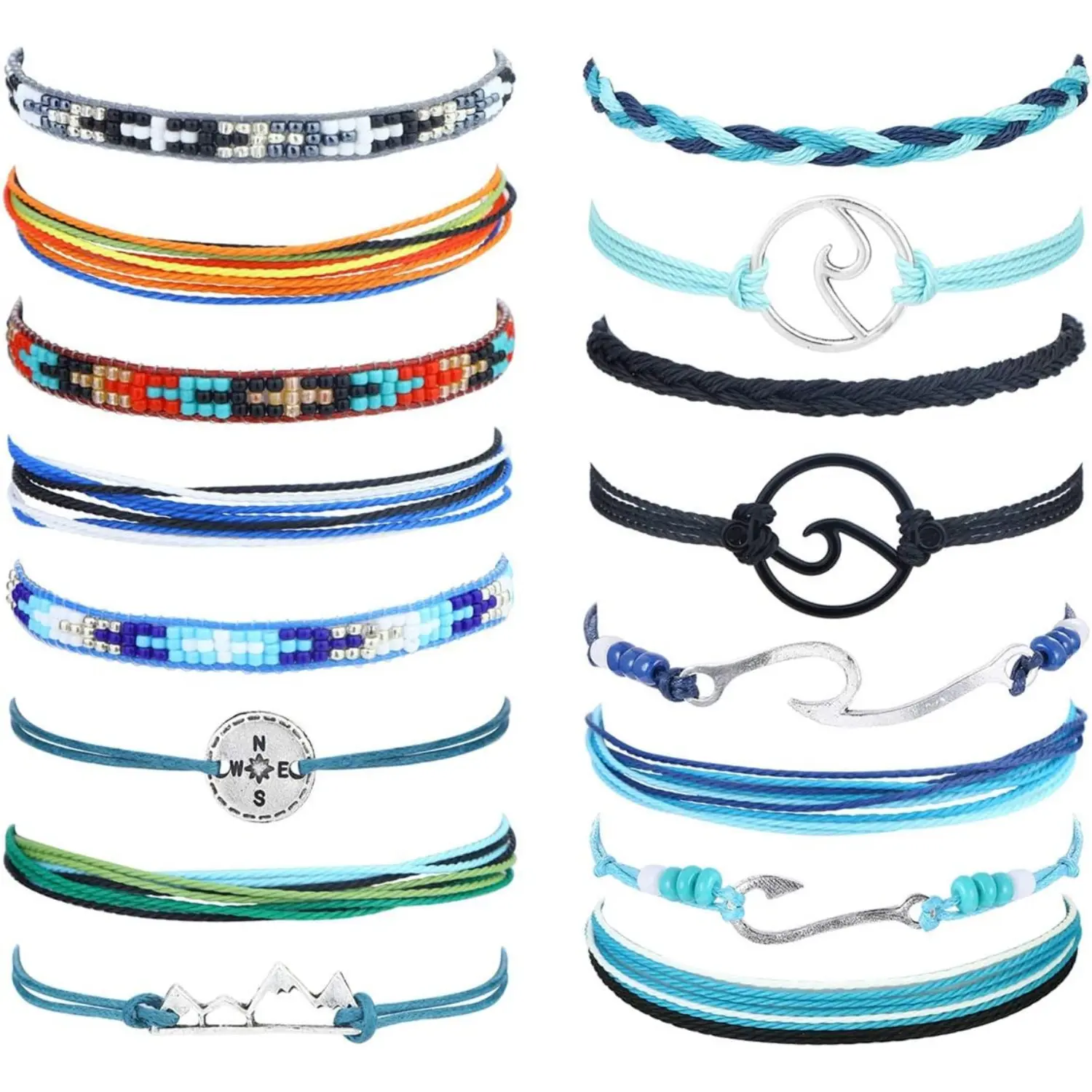 16-Piece Rope Braid Bracelet Set, Waterproof and Adjustable VSCO Jewelry with Nature Stone and Wave Motif for Unisex Casual Daily Wear, 16Pcs, All Seasons, Bangle