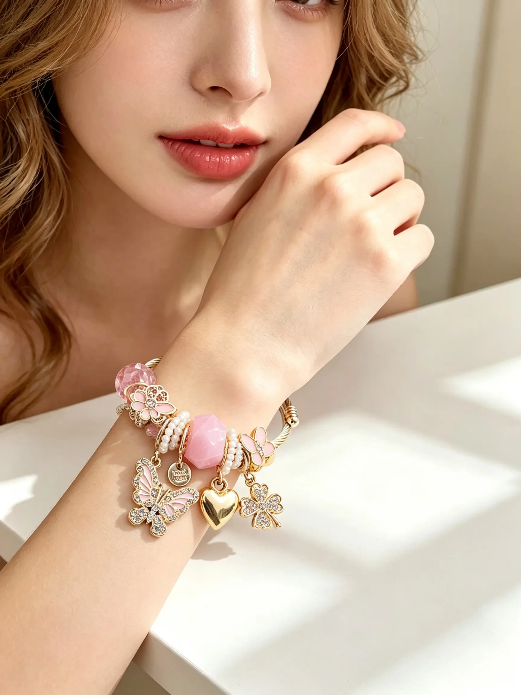 TikTok hot-selling item, sweet style pink gold star and moon butterfly beaded bracelet, niche high-end diamond-studded floral handmade open bracelet, Butterflies Bracelet, birthday gift
