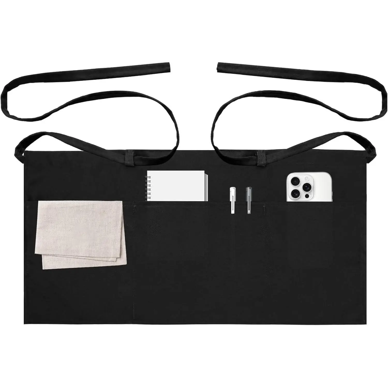 1-Pack 12 in Half-Length Breathable Lightweight Fabric Waist Apron with 3 Pockets, Service Wear for Waitstaff, Black Home Supplies Serving Accessory