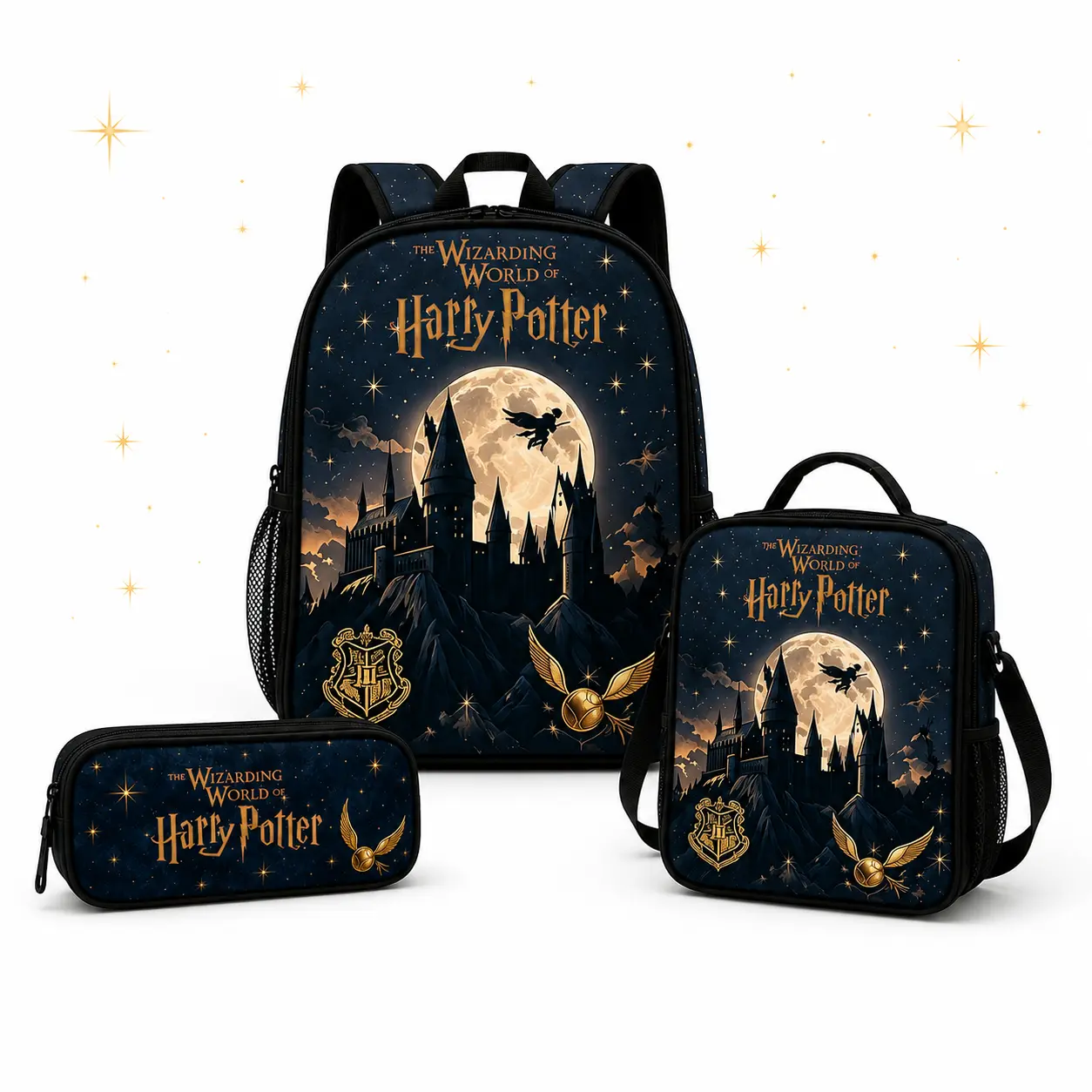 WB - Warner Bros Harry Potter 3-Piece Backpack Set with Lunch Bag & Pencil Case, Unisex Wizard Theme Canvas School Bag, Hogwarts Castle Back to School Gift, Zip Closure