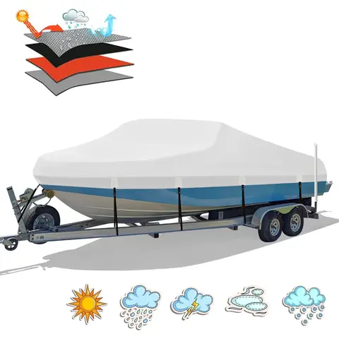 17ft-19ft Heavy Duty Boat Cover, 4-Layer 1200D Oxford Polyester Fabric, Double-Stitched Marine-Grade Canvas, Full Length Trailerable Cover with Tight Straps for V-Hull/Tri-Hull Trailered Boats Storage
