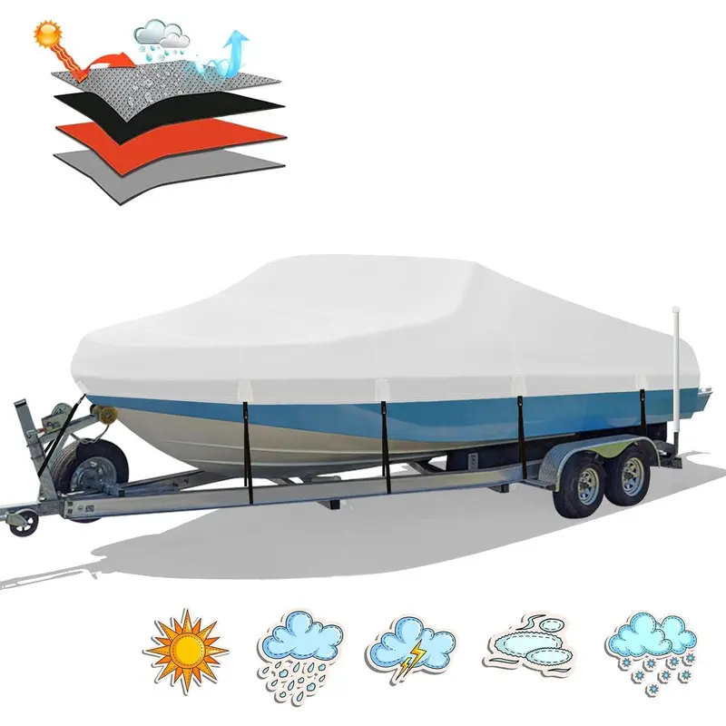 17ft-19ft Heavy Duty Boat Cover, 4-Layer 1200D Oxford Polyester Fabric, Double-Stitched Marine-Grade Canvas, Full Length Trailerable Cover with Tight Straps for V-Hull/Tri-Hull Trailered Boats Storage