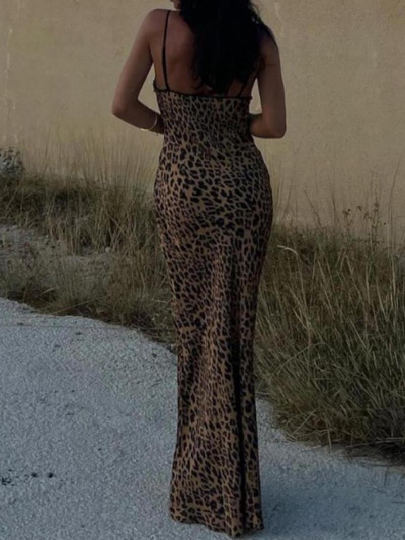 Women's All Over Leopard Print Tie Front Cami Bodycon Dress, Capri Sun Dress, Fashion Backless Spaghetti Strap Long Dress, Women's Clothing