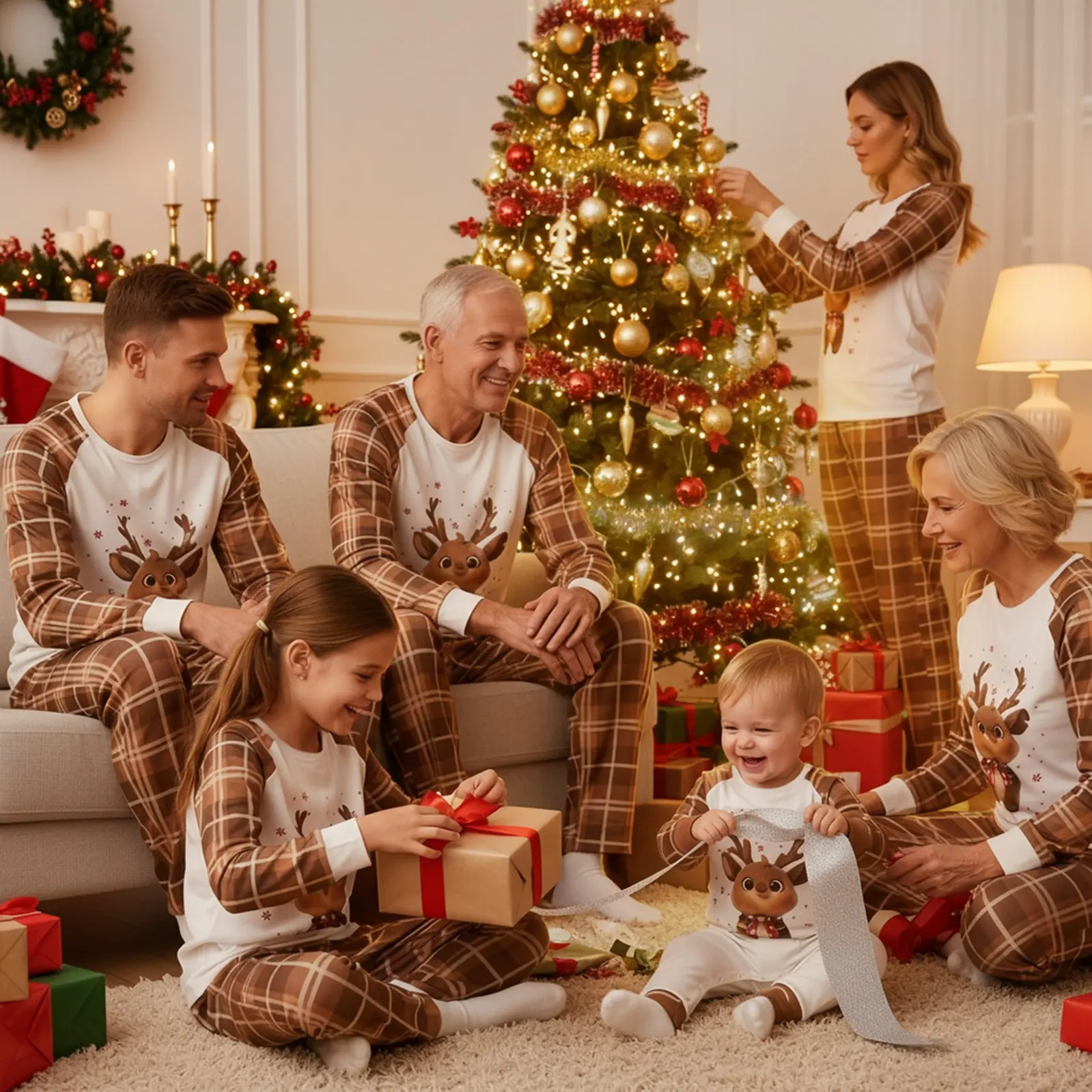 Family Matching Christmas Pajamas Set Plaid and Reindeer Print Holiday Pajamas Sleepwear Dad Mom Kids PJs