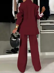 Women's 2-Piece Set Casual Blazer and Pants, Loose Fit Long Sleeve Single Button, Spring & Fall Office Wear, Striped Pattern