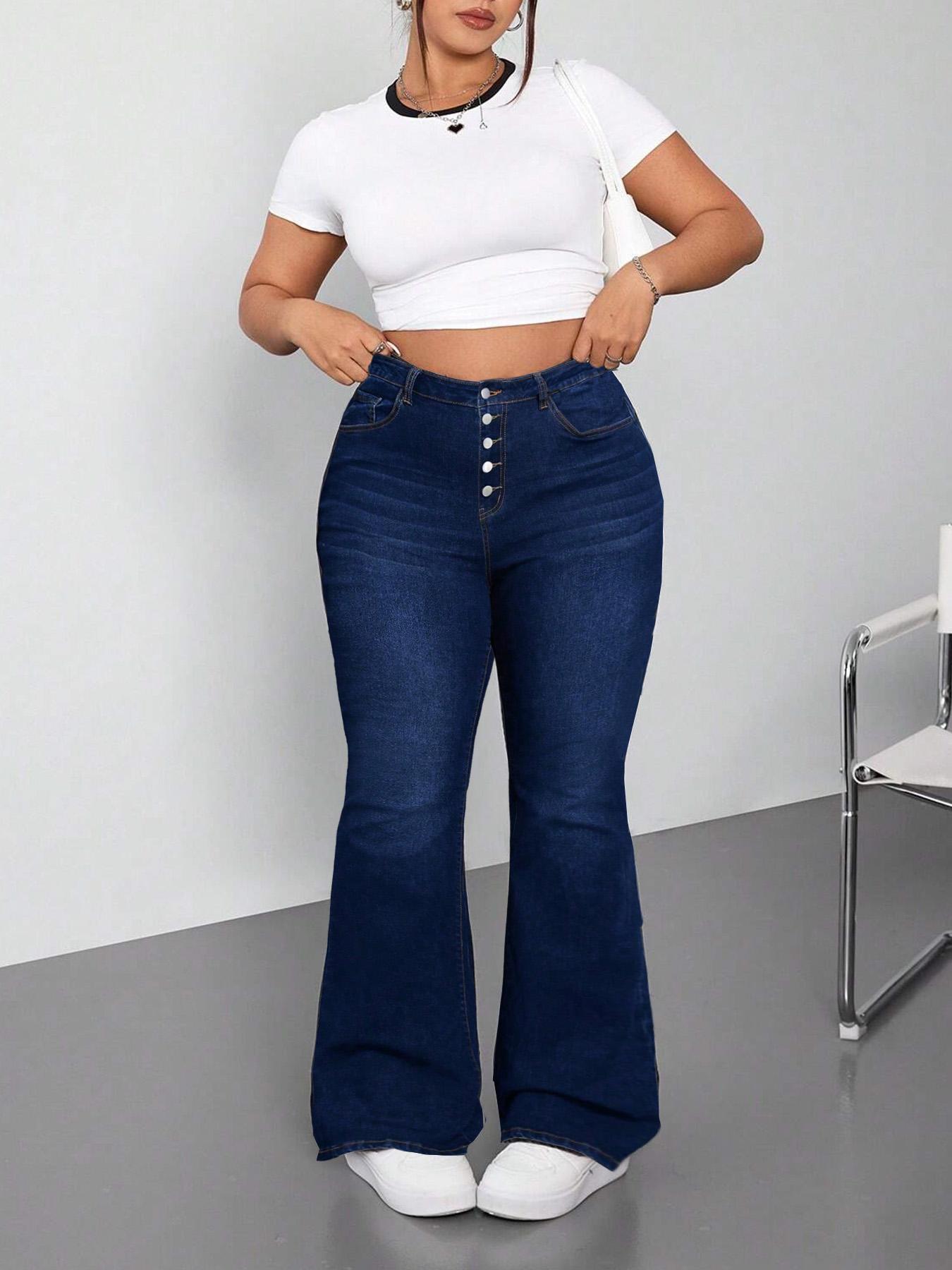 【Plus Size】 Flared High Waist Solid Color Button Fly Flare Leg Jeans, Casual Comfy Pocket Bell Bottom Denim Trousers for Daily Wear, Women's Bottoms for All Seasons