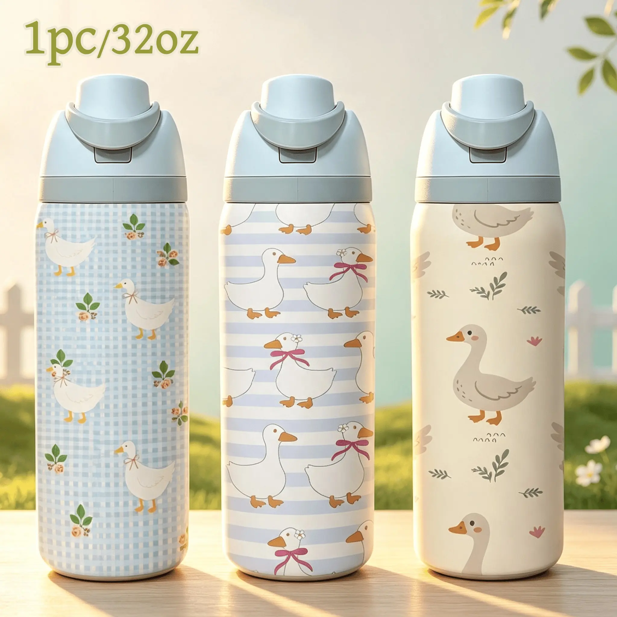 1pc 32oz Cute Duck Pattern Stainless Steel Insulated Water Bottle,  Flip‑Straw Travel Tumbler, Cute Duck Print,, Leak‑Proof Reusable Drink Cup, Portable For Daily Commute Outdoor Camping, Sweet Holiday Gift For Girls