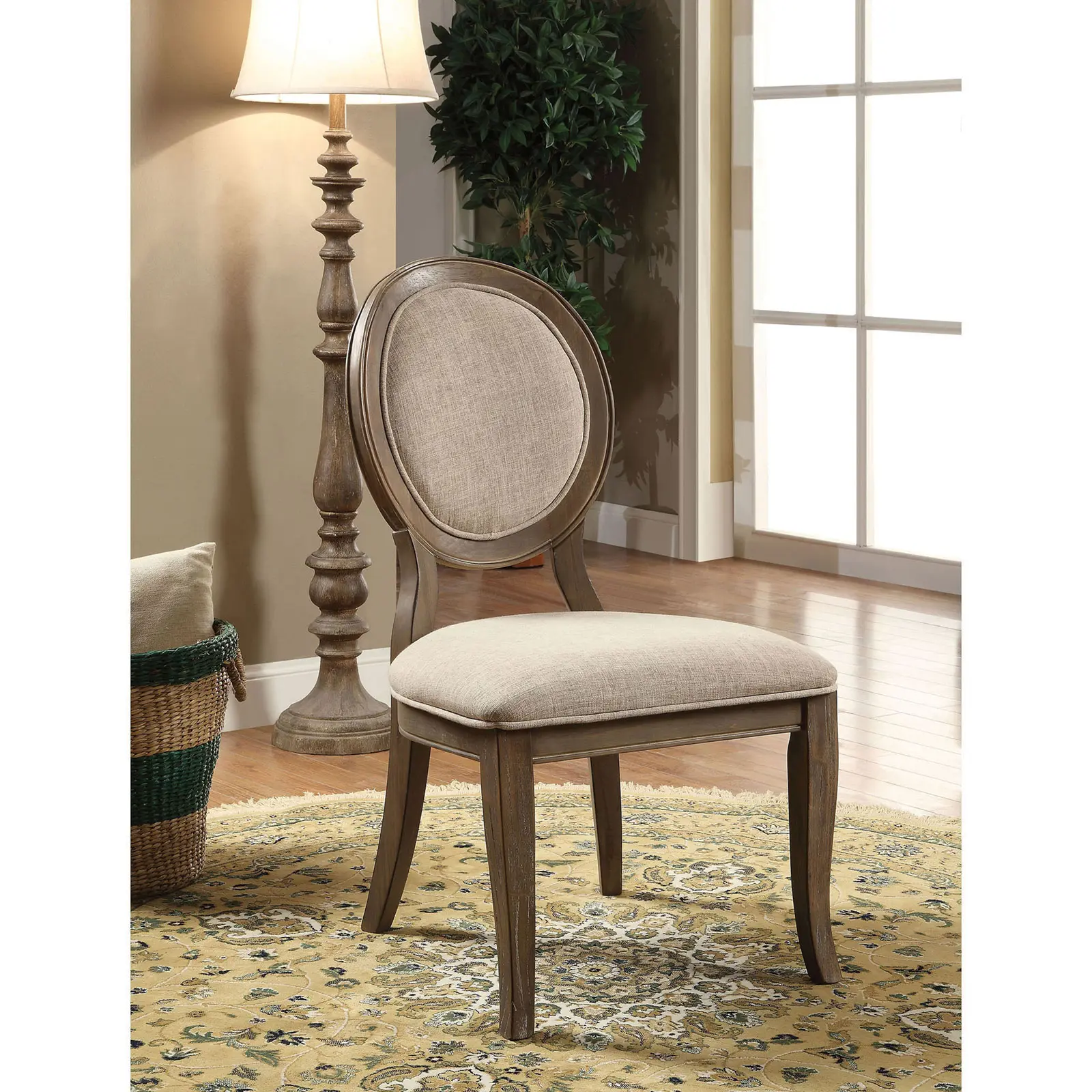 Nokaa 2-Piece Transitional Rustic Oak Side Chairs - Solid Wood Indoor Furniture, Padded Seat, Linen-Like Fabric, Unique Round Backs, Dining Room Kitchen Accent Chair