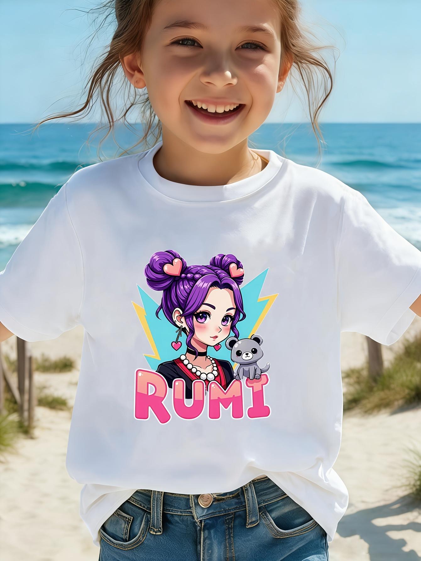 1[1-Piece] Girls' Creative "Rumi Purple Power Cartoon" Print Summer Short-Sleeve T-Shirt, Pink, White, and Other Series Printed Short-Sleeve T-Shirt Top Base Layer, 100% Polyester Fiber, Slightly Stretchy Crew Neck Regular Fit Sporty Casual Pullover