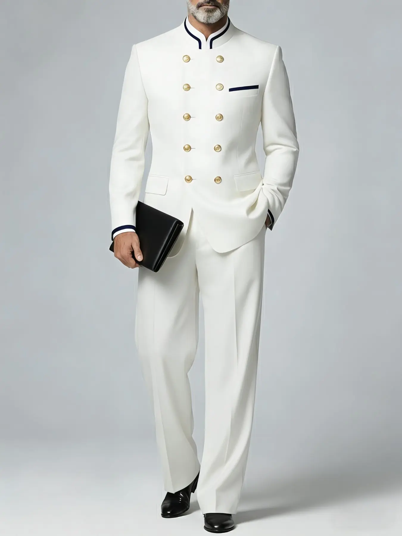 Ainwear 2-Piece Men's Mandarin-Collar Double-Breasted Suit Set, Navy-Blue Trim Button Formal Blazer and Trousers