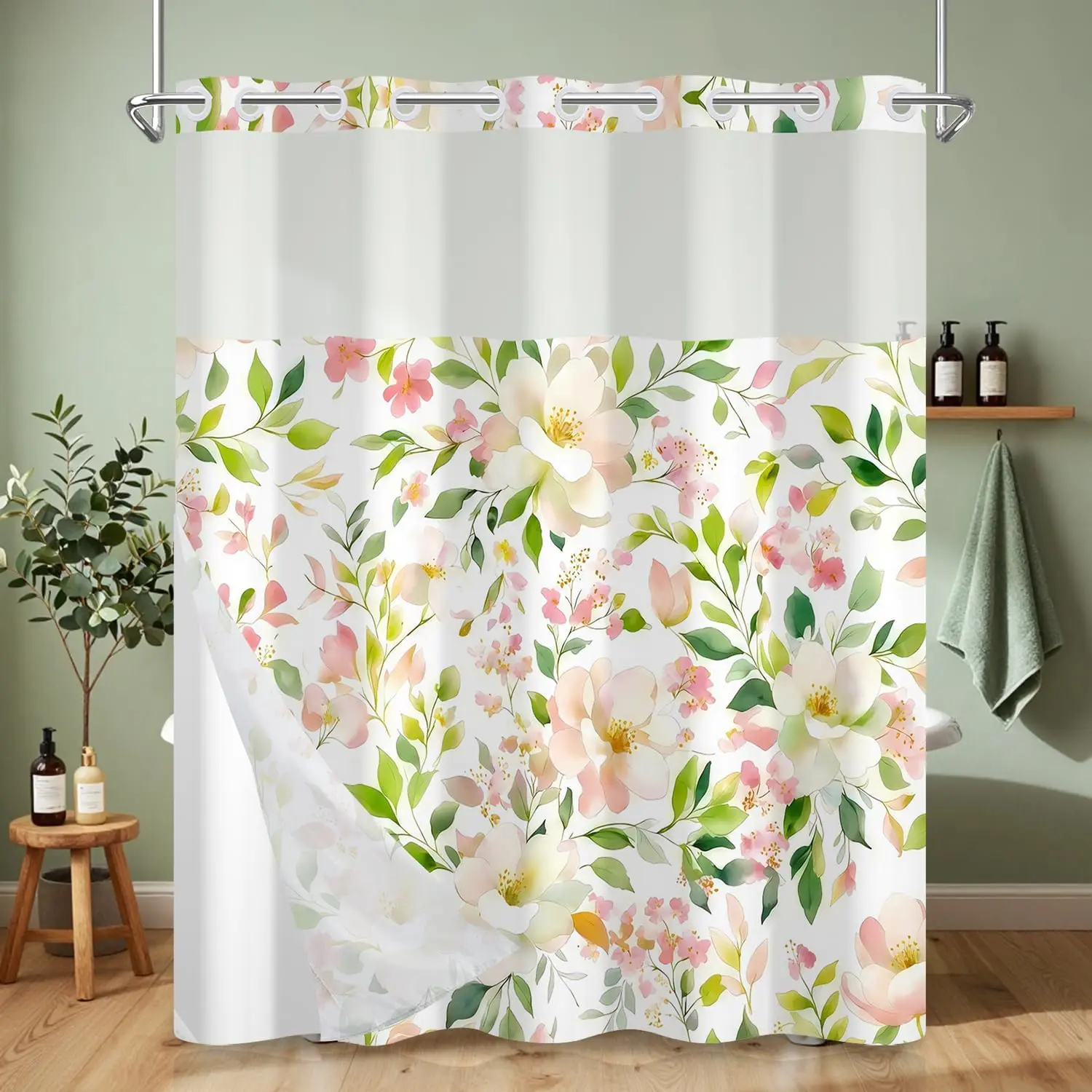 Watercolor Pink Botanical Floral Shower Curtain with Snap-In Liner, 71x74 In Waterproof Bath Curtain, Mesh Top Window, No Hooks, Cottage Decor, Curtains