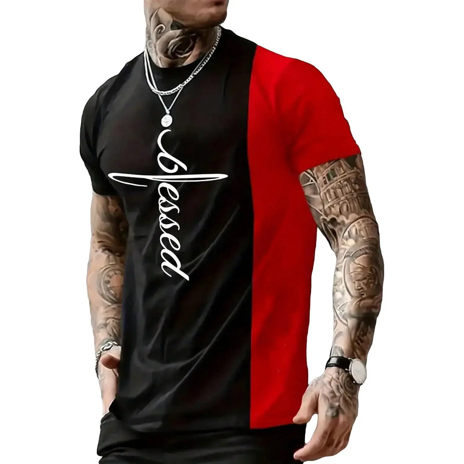 Men's Color Block Letter Graphic Tops Short Sleeve T Shirt Summer Tee Top