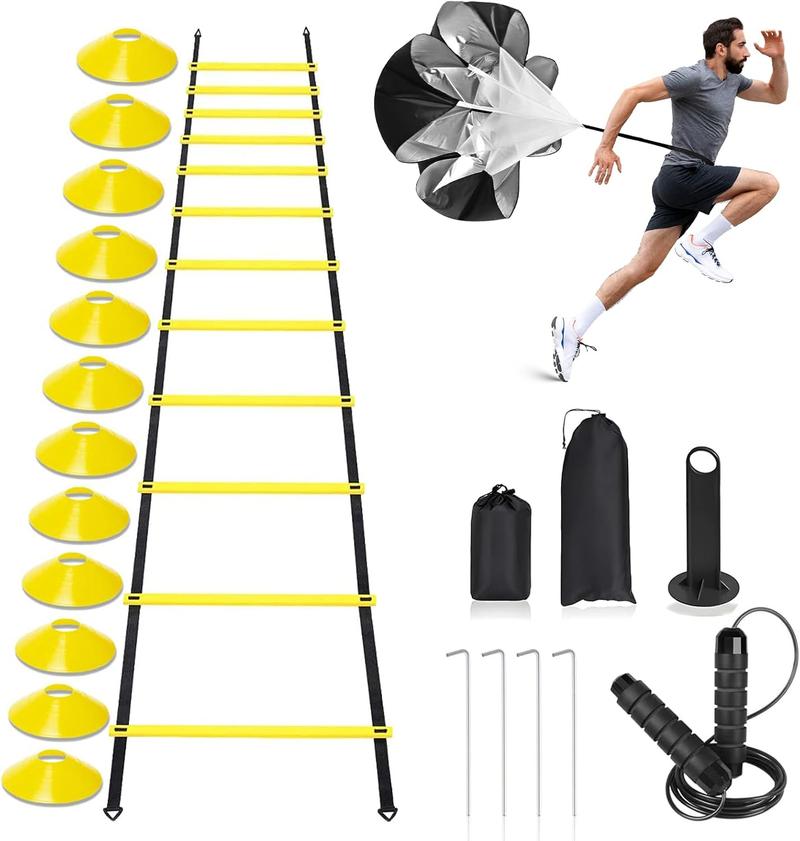 Agility Ladder Set for Training, 20ft Rungs, with Soccer Cones, Jump Rope, Running Resistance Umbrella - Fitness Equipment for Kids, Youth, Adults & Athletes Agility Ladder Set for Training, 20ft Rungs, with Soccer Cones, Jump Rope, Running Resistance Umbrella - Fitness Equipment for Kids, Youth, Adults & Athletes