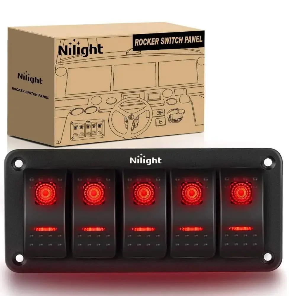 Nilight ABS Pre-Wired 5-Gang Red Rocker Switch Panel - 6x2.7x2.6in Aluminum Build, 2 Sets of DIY Stickers, Screw, 1 x Pre-Wired 5 Gang Switch Panels for Cars/RVs, Vehicle Control, Motorcycles