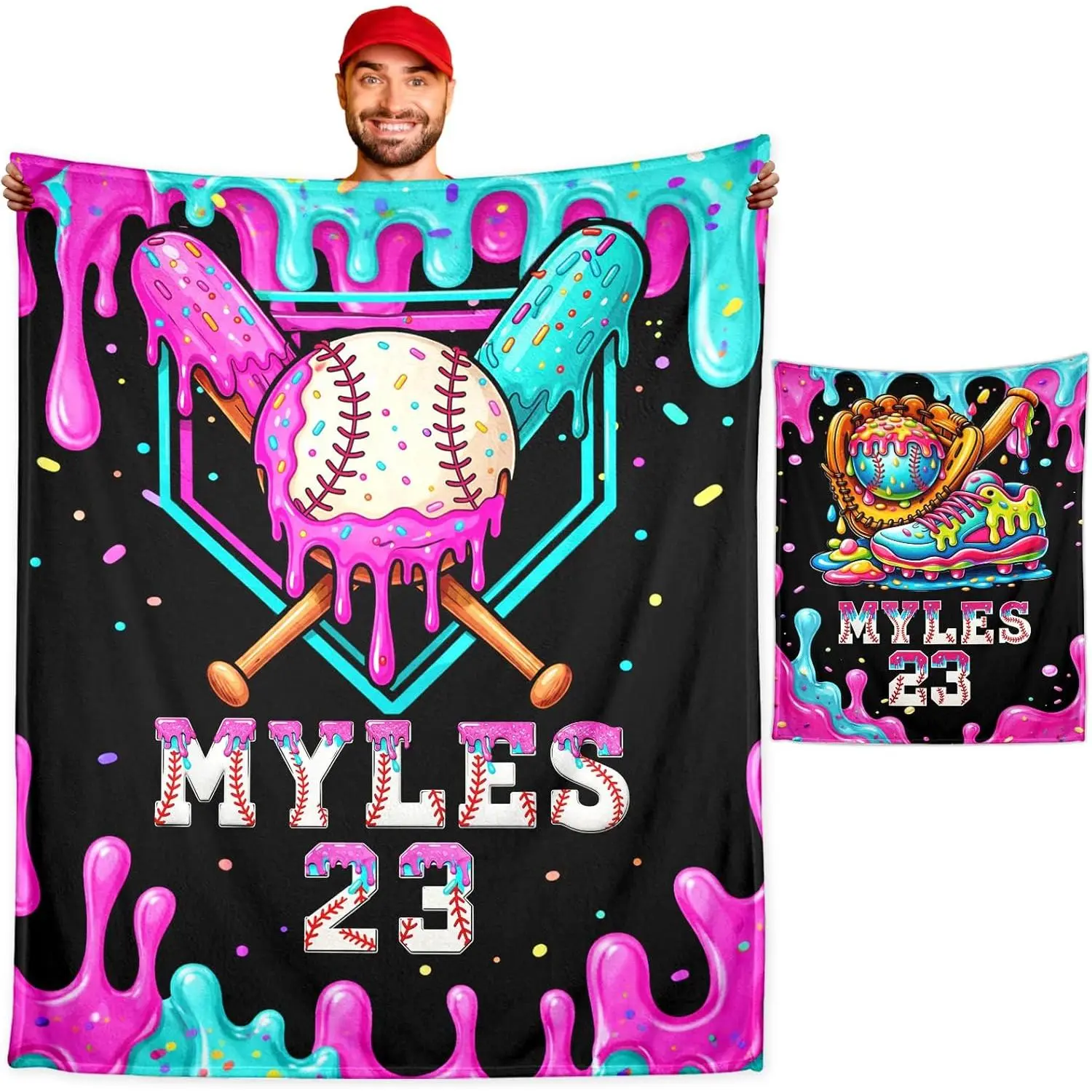 Personalized Ice Cream Drip Baseball Blanket with Name & Number, Custom Flannel Baseball Throw Blanket for Boys Kids Teen Players, Gifts for Son Team Birthday Christmas Room Decor
