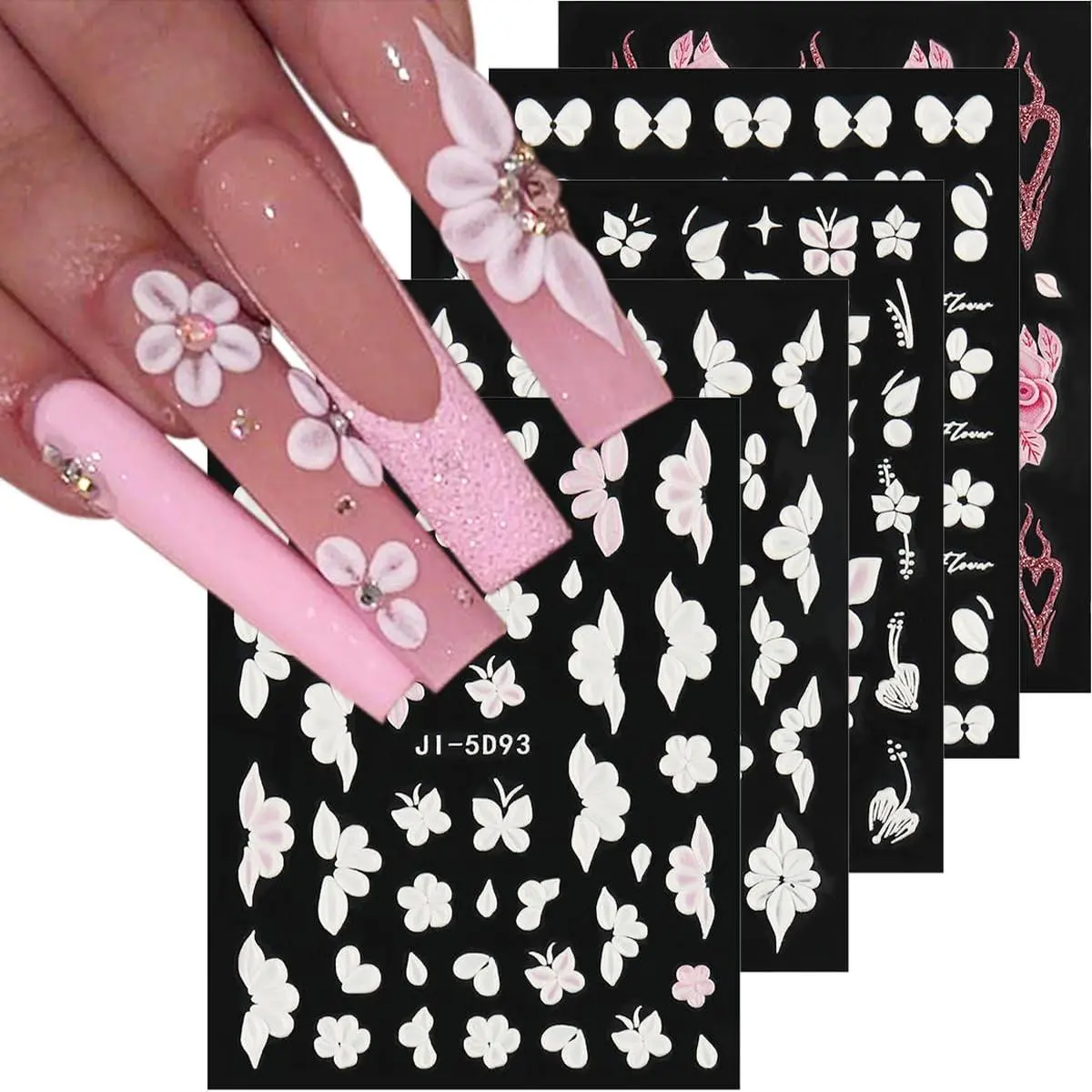 5D Embossed White Flowers Nail Stickers, 5 Sheets Self-Adhesive Flowers Nail Decals, Spring Floral Nail Art, Rose Butterfly Stickers for Nail Art, 3D Acrylic Flowers for Nails, Manicure Decor springtok