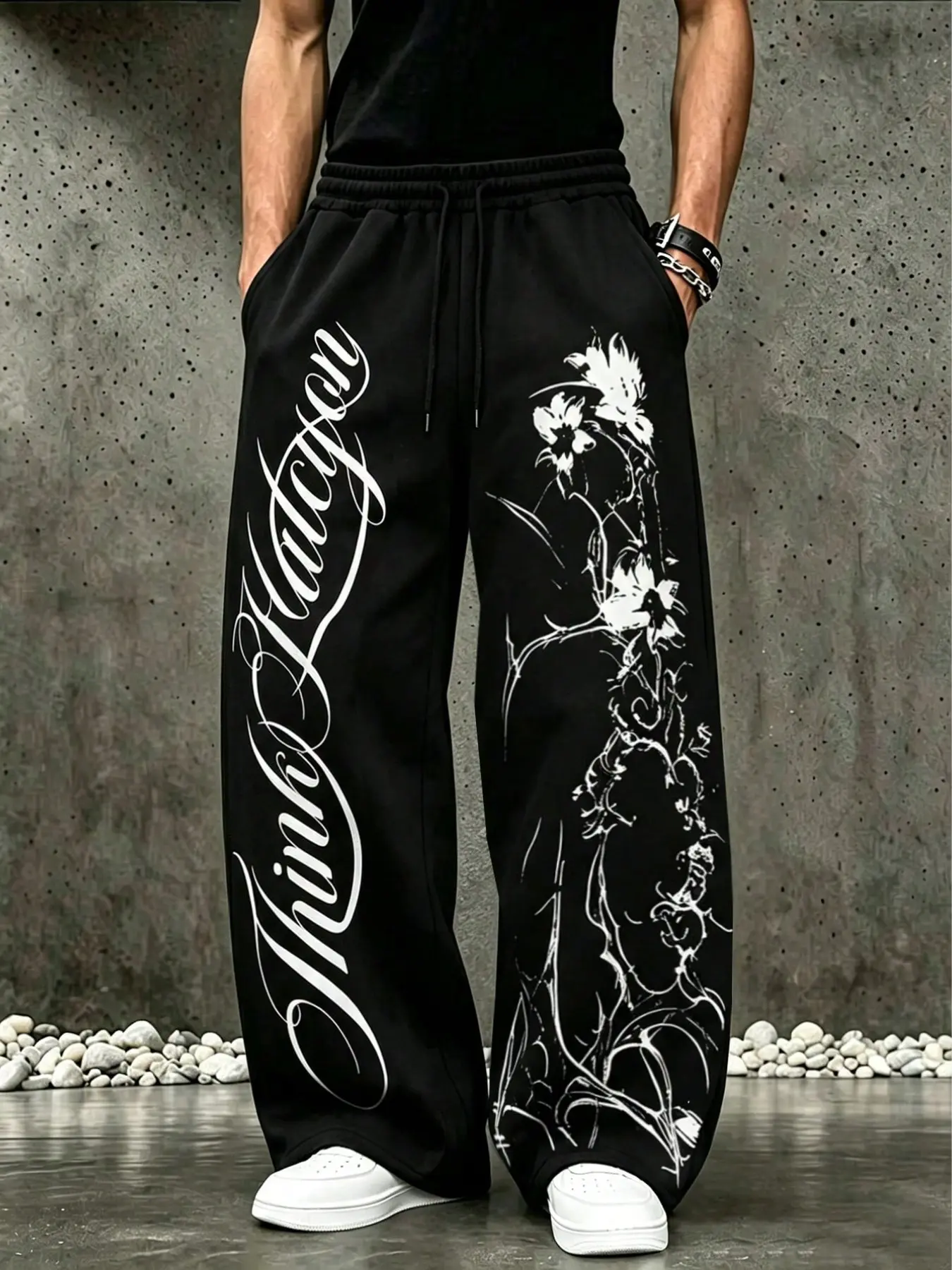 Men's Y2K Gothic Print Sweatpants Baggy Wide Leg Streetwear Trousers Think Halcyon Letter Floral Print Drawstring Elastic Waist Casual Lounge Pants for Skate Hip Hop OOTD