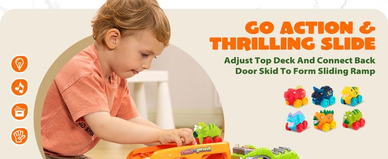 Dinosaur Toys for Kids 2-4, Toddler Boy Toys, Dinosaur Carrier Truck with 6 Rubber Car Vehicles, Christmas Birthday Gifts with Music & Lights for 2 3 4 5 Year Old