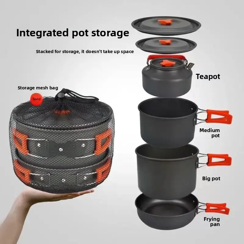 Foldable Nesting Camping Hiking Kitchen Set - 2-3 Person Set Pot + Storage Bag, Compact & Portable, Space-Saving, No Wasted Space, Durable, Includes Kettle, Pans, Mesh Bag, Ideal for Backyard Trips Outdoor Cooking Station